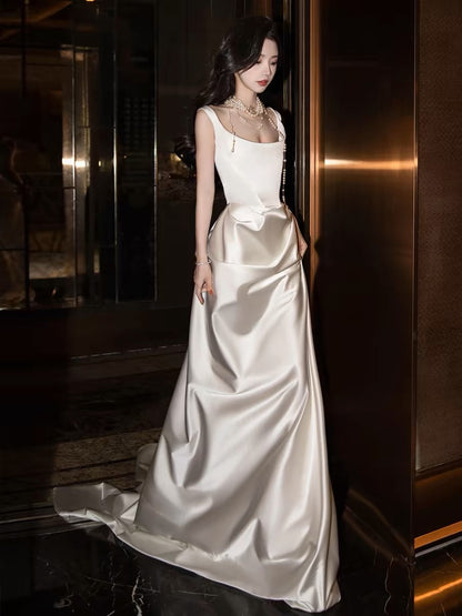 Chic Sheath Square Neckline Sleeveless White Satin Wedding Dresses With Ruffles C3224