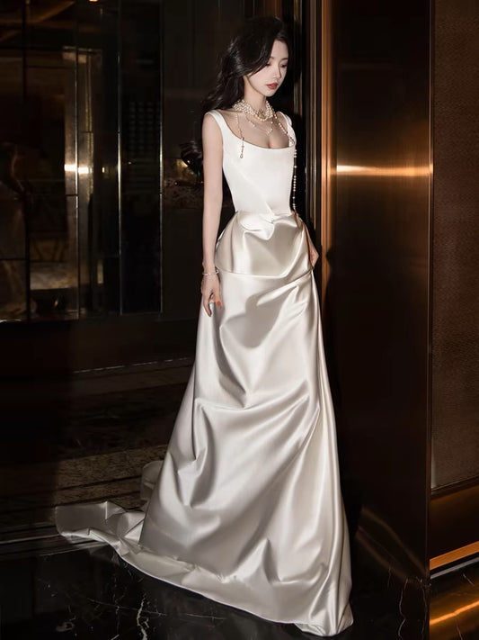Chic Sheath Square Neckline Sleeveless White Satin Wedding Dresses With Ruffles C3224