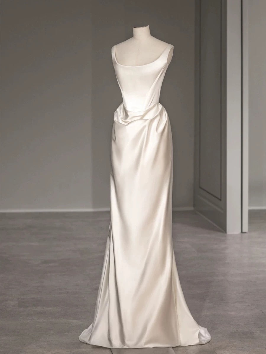 Chic Sheath Square Neckline Sleeveless White Satin Wedding Dresses With Ruffles C3224