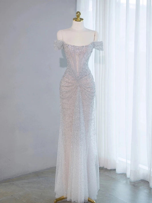 Sexy Mermaid Off The Shoulder Sequin Evening Dress Long Prom Dresses Party Dress With Beads C3225