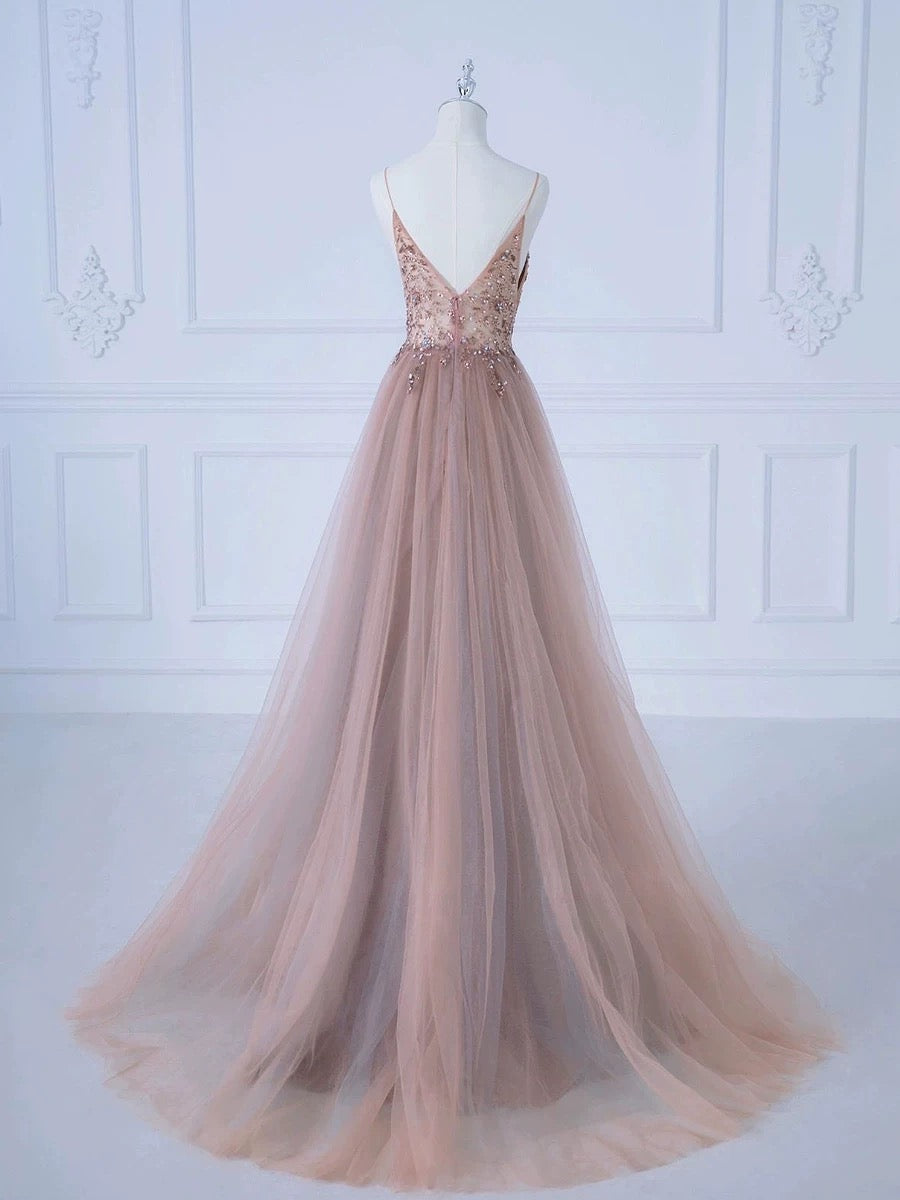Elegant A-Line Spaghetti Straps Tulle Long Prom Dress Evening Dress C3226
