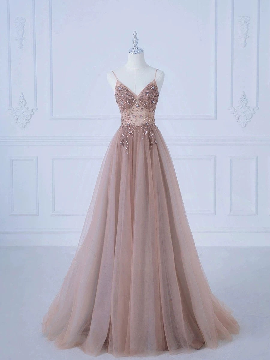 Elegant A-Line Spaghetti Straps Tulle Long Prom Dress Evening Dress C3226