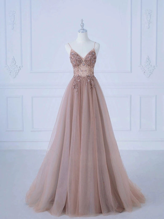 Elegant A-Line Spaghetti Straps Tulle Long Prom Dress Evening Dress C3226