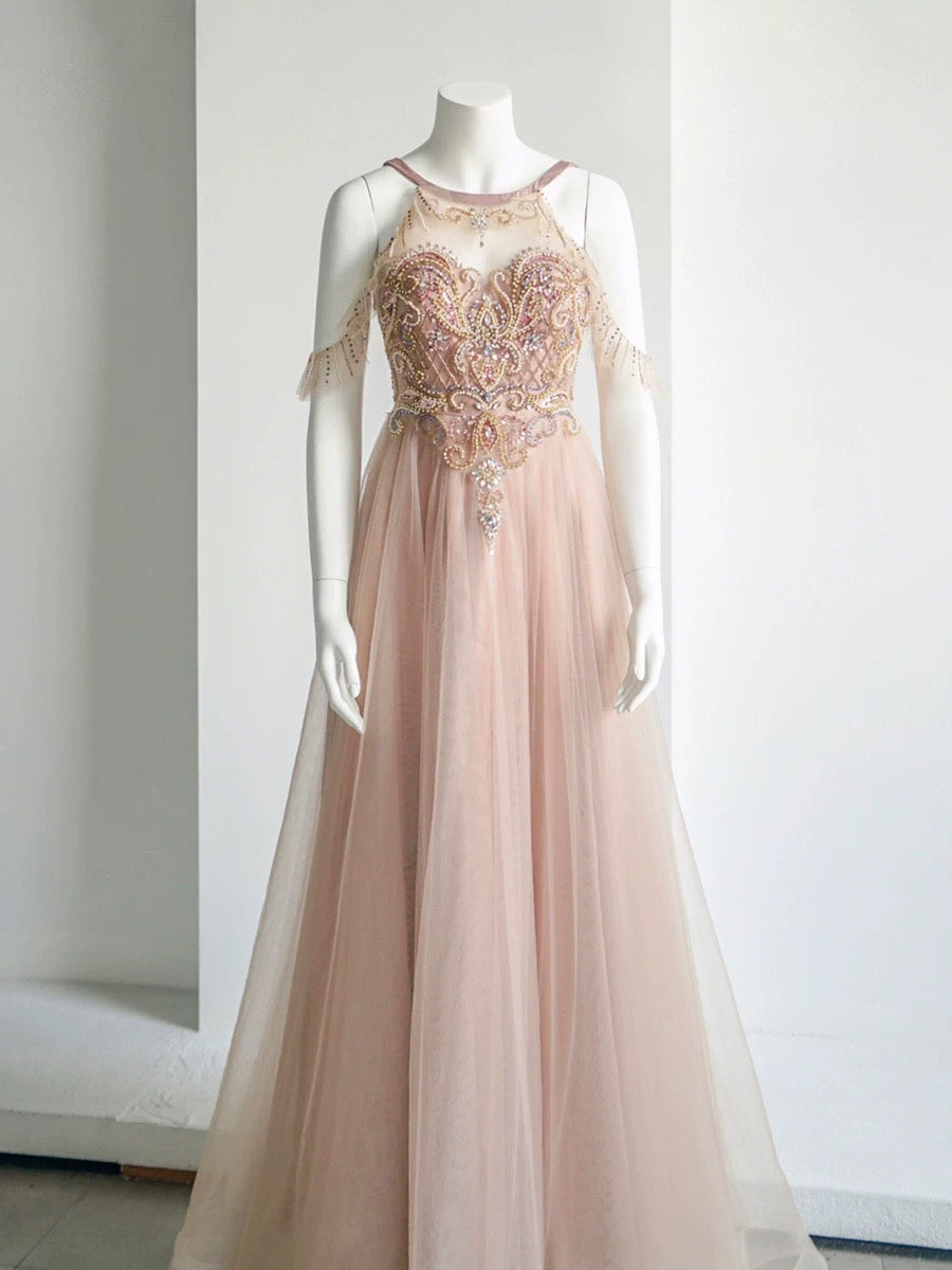 Elegant A-Line Jewel Neckline Tulle Long Prom Dress Evening Dress C3227