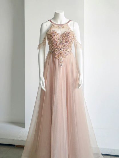 Elegant A-Line Jewel Neckline Tulle Long Prom Dress Evening Dress C3227