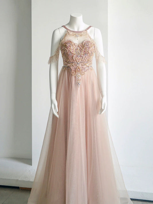 Elegant A-Line Jewel Neckline Tulle Long Prom Dress Evening Dress C3227