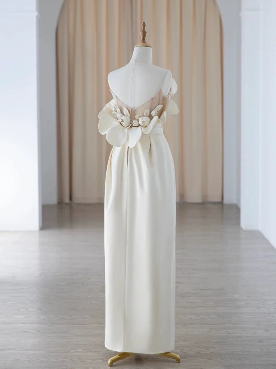 Chic Sheath Strapless Sleeveless Ivory Satin Wedding Dresses With Ruffles C3228