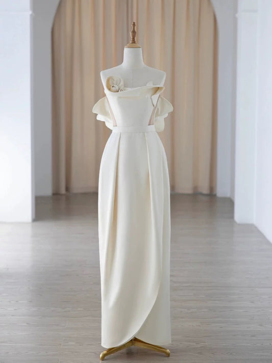 Chic Sheath Strapless Sleeveless Ivory Satin Wedding Dresses With Ruffles C3228