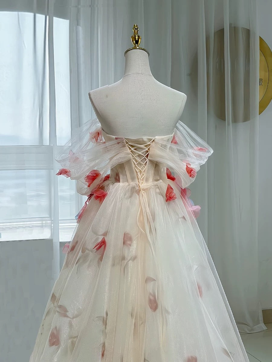 Elegant A-Line Off The Shoulder Flowers Tulle Long Prom Dress Evening Dress C3230