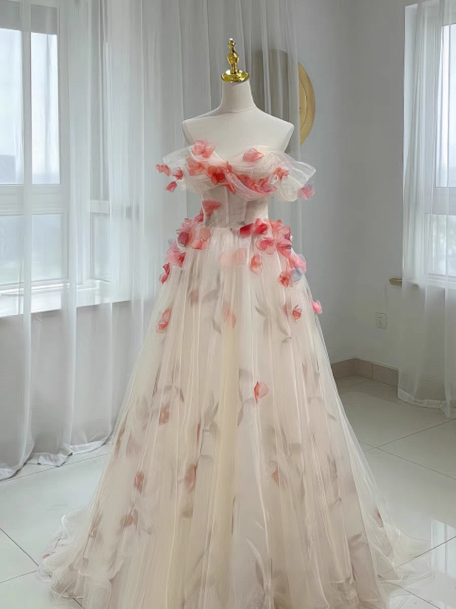 Elegant A-Line Off The Shoulder Flowers Tulle Long Prom Dress Evening Dress C3230