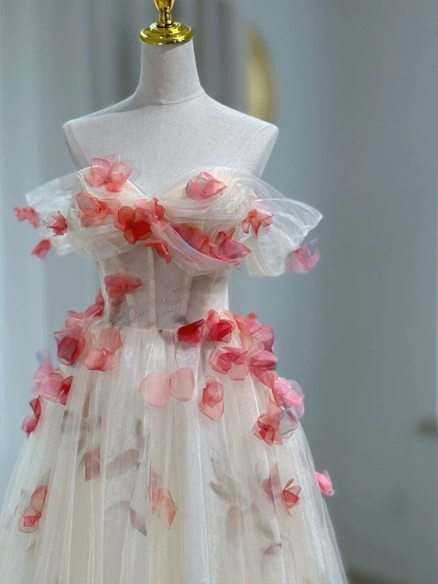 Elegant A-Line Off The Shoulder Flowers Tulle Long Prom Dress Evening Dress C3230