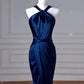 Sexy Mermaid High Neckline Navy Blue Satin Evening Dress Long Prom Dresses Party Dress With Ruffles C3231