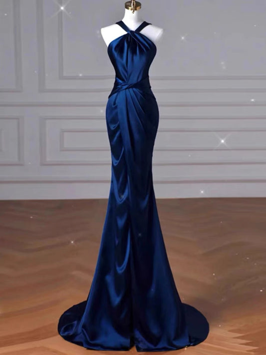 Sexy Mermaid High Neckline Navy Blue Satin Evening Dress Long Prom Dresses Party Dress With Ruffles C3231