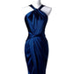 Sexy Mermaid High Neckline Navy Blue Satin Evening Dress Long Prom Dresses Party Dress With Ruffles C3231