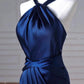 Sexy Mermaid High Neckline Navy Blue Satin Evening Dress Long Prom Dresses Party Dress With Ruffles C3231