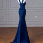 Sexy Mermaid High Neckline Navy Blue Satin Evening Dress Long Prom Dresses Party Dress With Ruffles C3231
