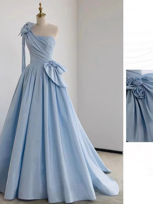 Elegant Ball Gown One Shoulder Light Sky Blue Satin Flowers Long Prom Dress Evening Dress C3232