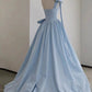 Elegant Ball Gown One Shoulder Light Sky Blue Satin Flowers Long Prom Dress Evening Dress C3232