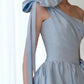 Elegant Ball Gown One Shoulder Light Sky Blue Satin Flowers Long Prom Dress Evening Dress C3232