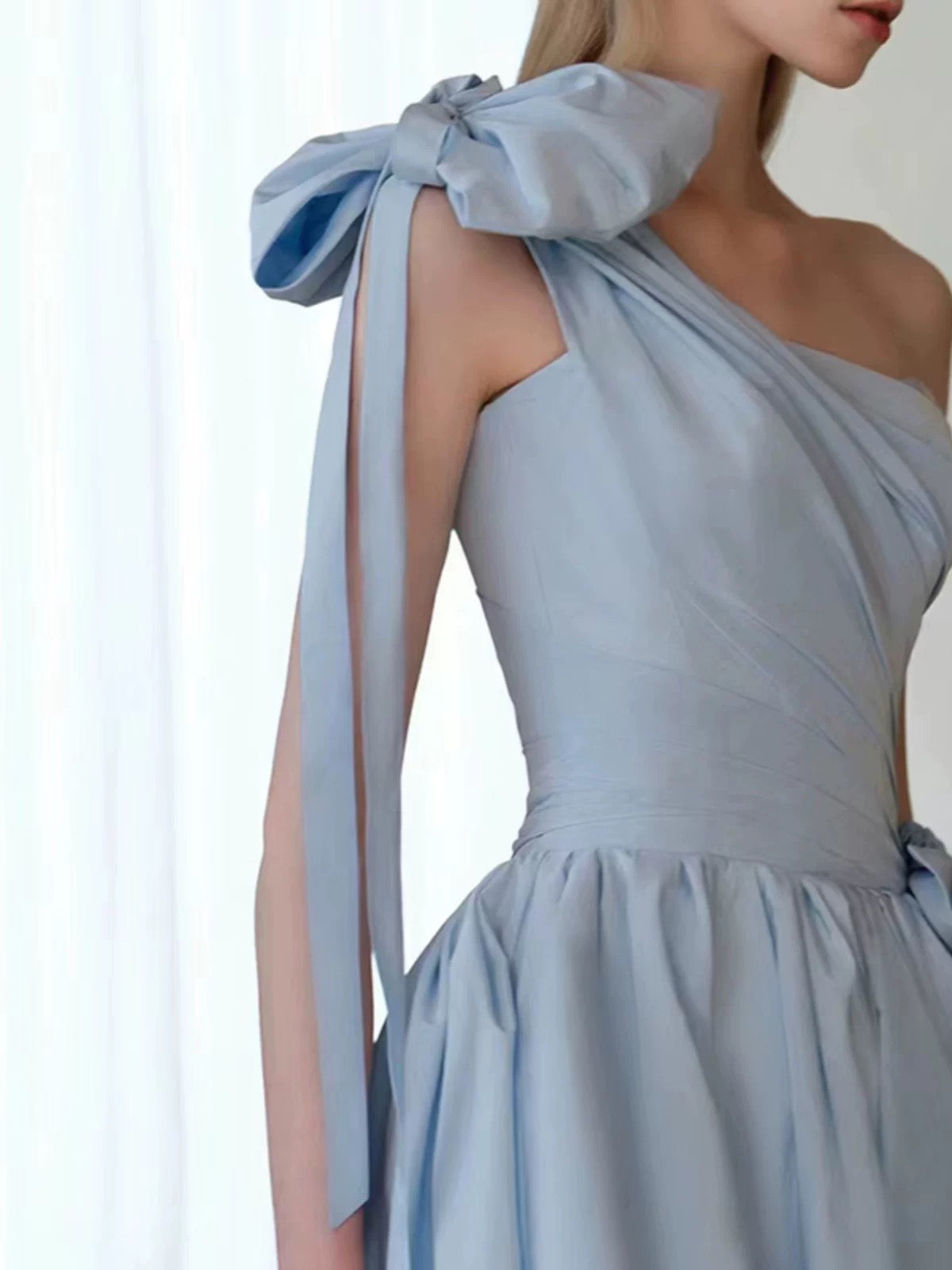 Elegant Ball Gown One Shoulder Light Sky Blue Satin Flowers Long Prom Dress Evening Dress C3232