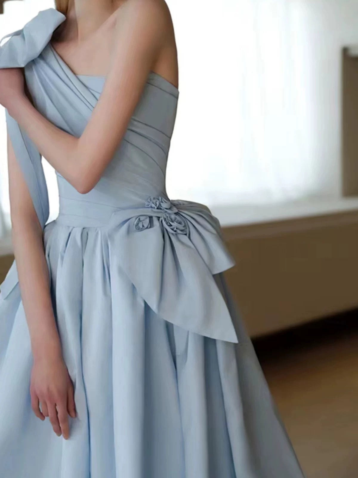 Elegant Ball Gown One Shoulder Light Sky Blue Satin Flowers Long Prom Dress Evening Dress C3232