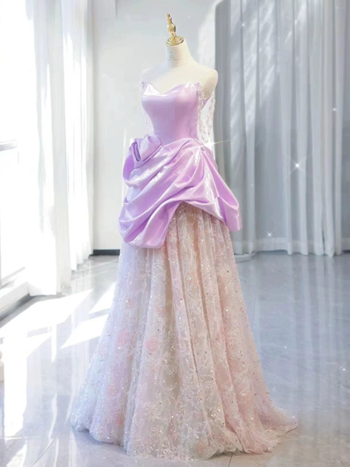Elegant A line Off The Shoulder Pink Satin Ruffles Long Prom Dress Evening Dress C3233
