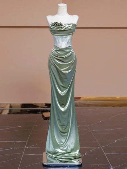 Sexy Mermaid Strapless Green Satin Evening Dress Long Prom Dresses Party Dress With Ruffles C3234