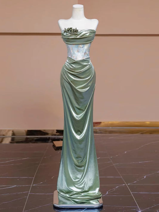 Sexy Mermaid Strapless Green Satin Evening Dress Long Prom Dresses Party Dress With Ruffles C3234