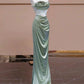 Sexy Mermaid Strapless Green Satin Evening Dress Long Prom Dresses Party Dress With Ruffles C3234