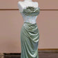 Sexy Mermaid Strapless Green Satin Evening Dress Long Prom Dresses Party Dress With Ruffles C3234
