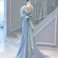 Elegant Mermaid One Shoulder Light Sky Blue Satin Bow Long Prom Dress Evening Dress C3235