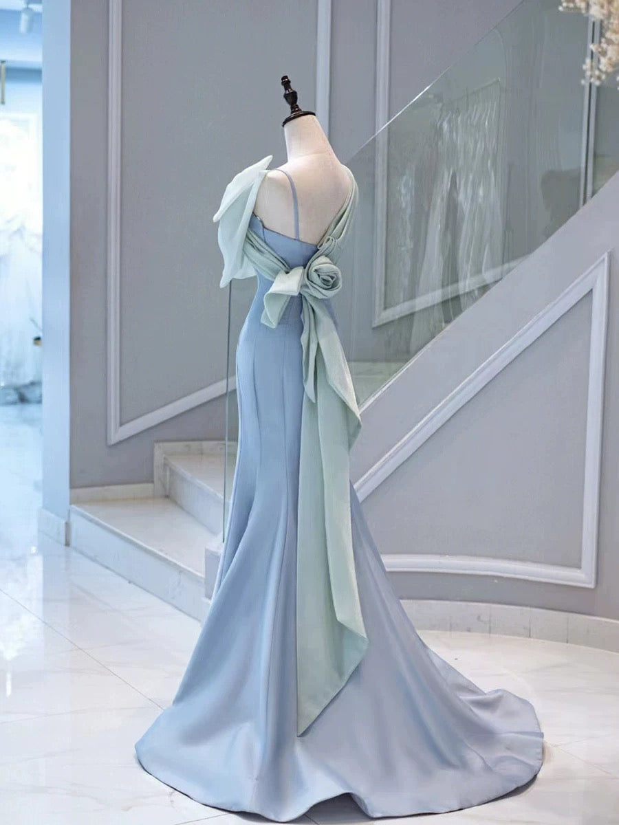 Elegant Mermaid One Shoulder Light Sky Blue Satin Bow Long Prom Dress Evening Dress C3235