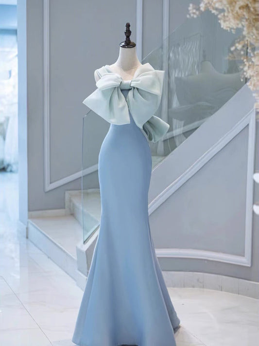 Elegant Mermaid One Shoulder Light Sky Blue Satin Bow Long Prom Dress Evening Dress C3235