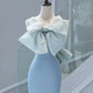Elegant Mermaid One Shoulder Light Sky Blue Satin Bow Long Prom Dress Evening Dress C3235