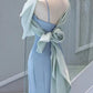Elegant Mermaid One Shoulder Light Sky Blue Satin Bow Long Prom Dress Evening Dress C3235