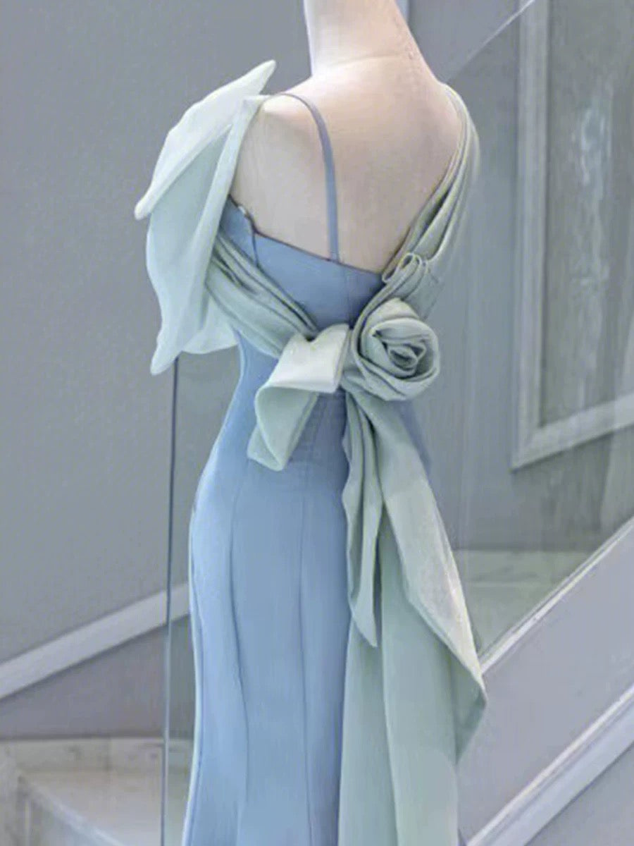 Elegant Mermaid One Shoulder Light Sky Blue Satin Bow Long Prom Dress Evening Dress C3235
