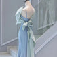Elegant Mermaid One Shoulder Light Sky Blue Satin Bow Long Prom Dress Evening Dress C3235