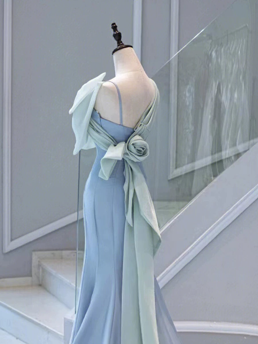 Elegant Mermaid One Shoulder Light Sky Blue Satin Bow Long Prom Dress Evening Dress C3235