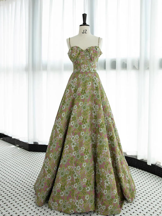 Elegant A line Spaghetti Straps Green Satin Floral Ruffles Long Prom Dress Evening Dress C3236