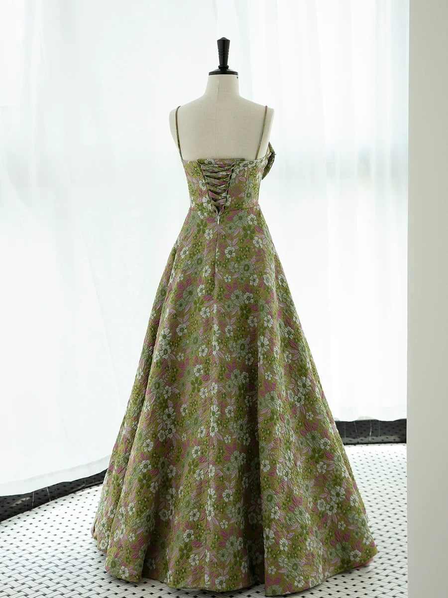 Elegant A line Spaghetti Straps Green Satin Floral Ruffles Long Prom Dress Evening Dress C3236