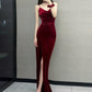 Elegant Sheath Spaghetti Straps Red Velvet Long Prom Dress Evening Dresses C3237