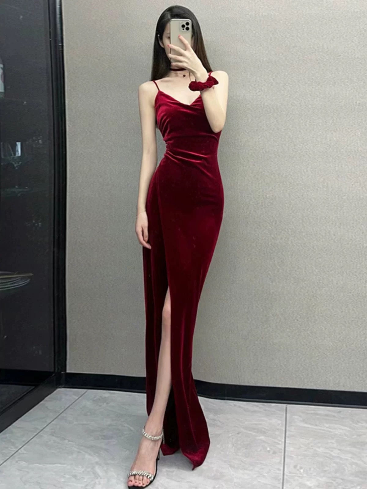 Elegant Sheath Spaghetti Straps Red Velvet Long Prom Dress Evening Dresses C3237