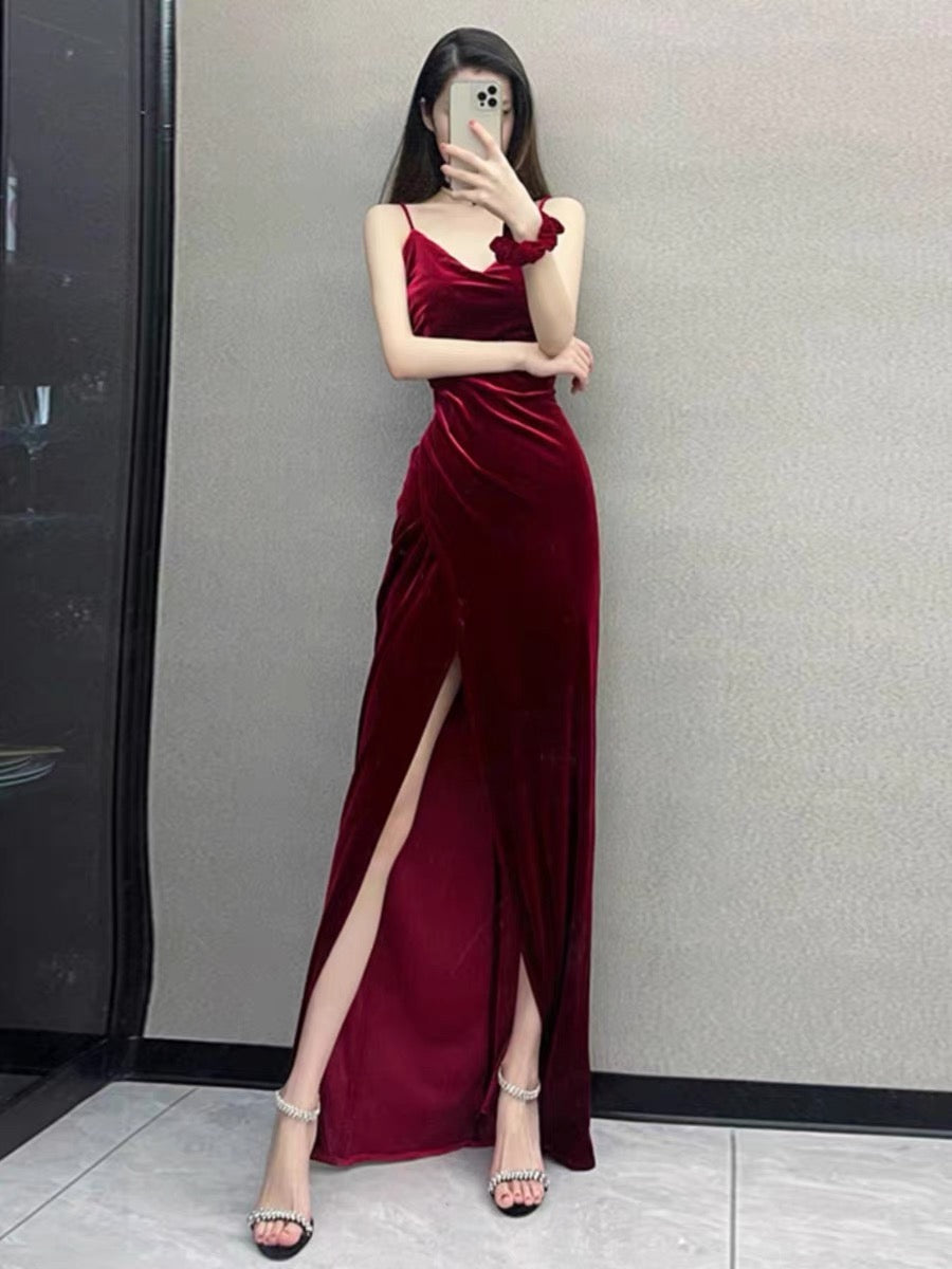 Elegant Sheath Spaghetti Straps Red Velvet Long Prom Dress Evening Dresses C3237
