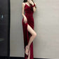 Elegant Sheath Spaghetti Straps Red Velvet Long Prom Dress Evening Dresses C3237