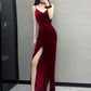 Elegant Sheath Spaghetti Straps Red Velvet Long Prom Dress Evening Dresses C3237