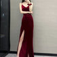 Elegant Sheath Spaghetti Straps Red Velvet Long Prom Dress Evening Dresses C3237