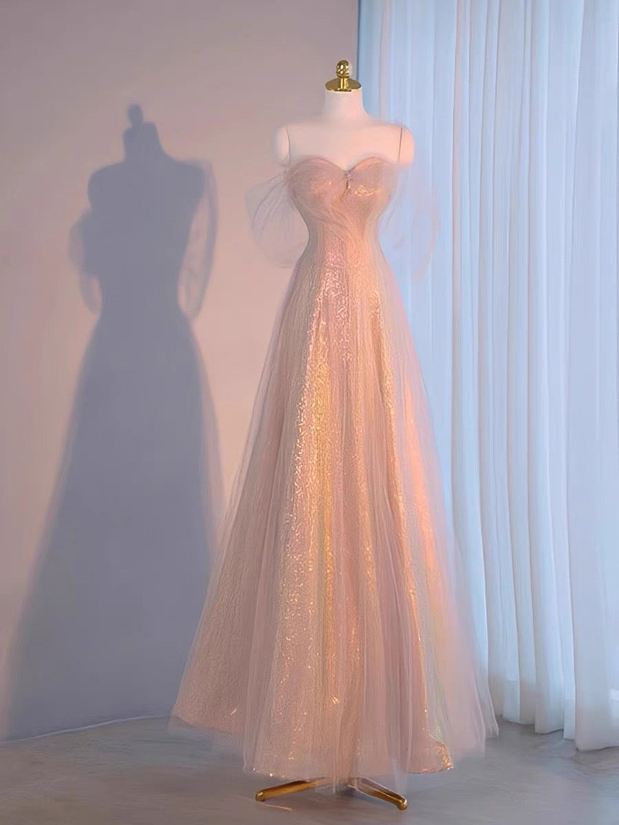 Elegant A Line Spaghetti Straps Pink Sequin Long Prom Dress Evening Dresses CC3237