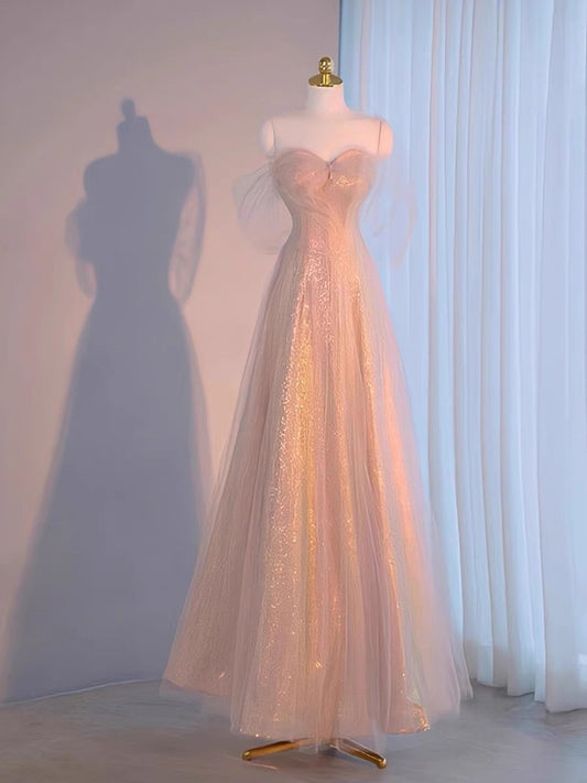 Elegant A Line Spaghetti Straps Pink Sequin Long Prom Dress Evening Dresses CC3237