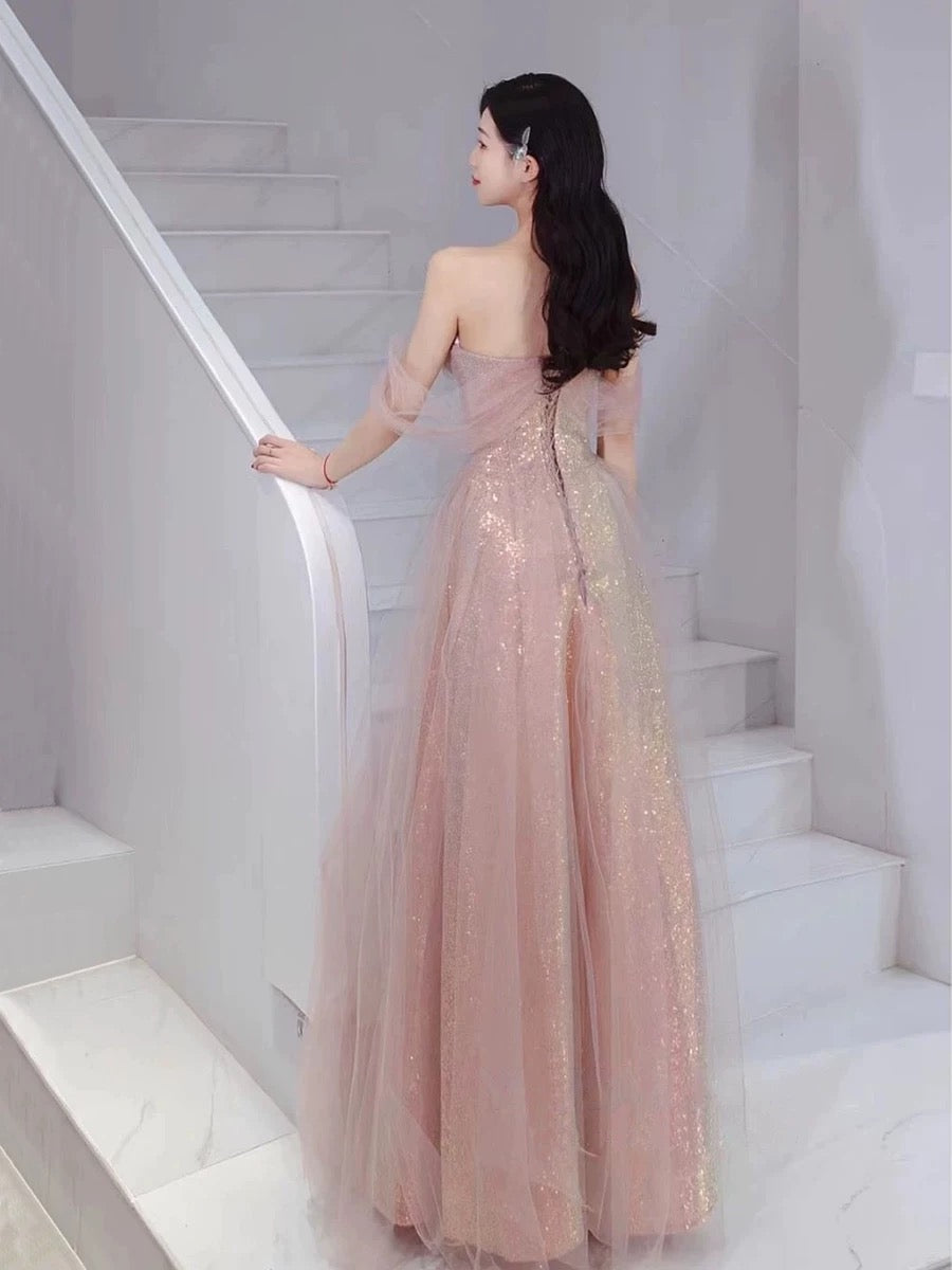 Elegant A Line Spaghetti Straps Pink Sequin Long Prom Dress Evening Dresses CC3237