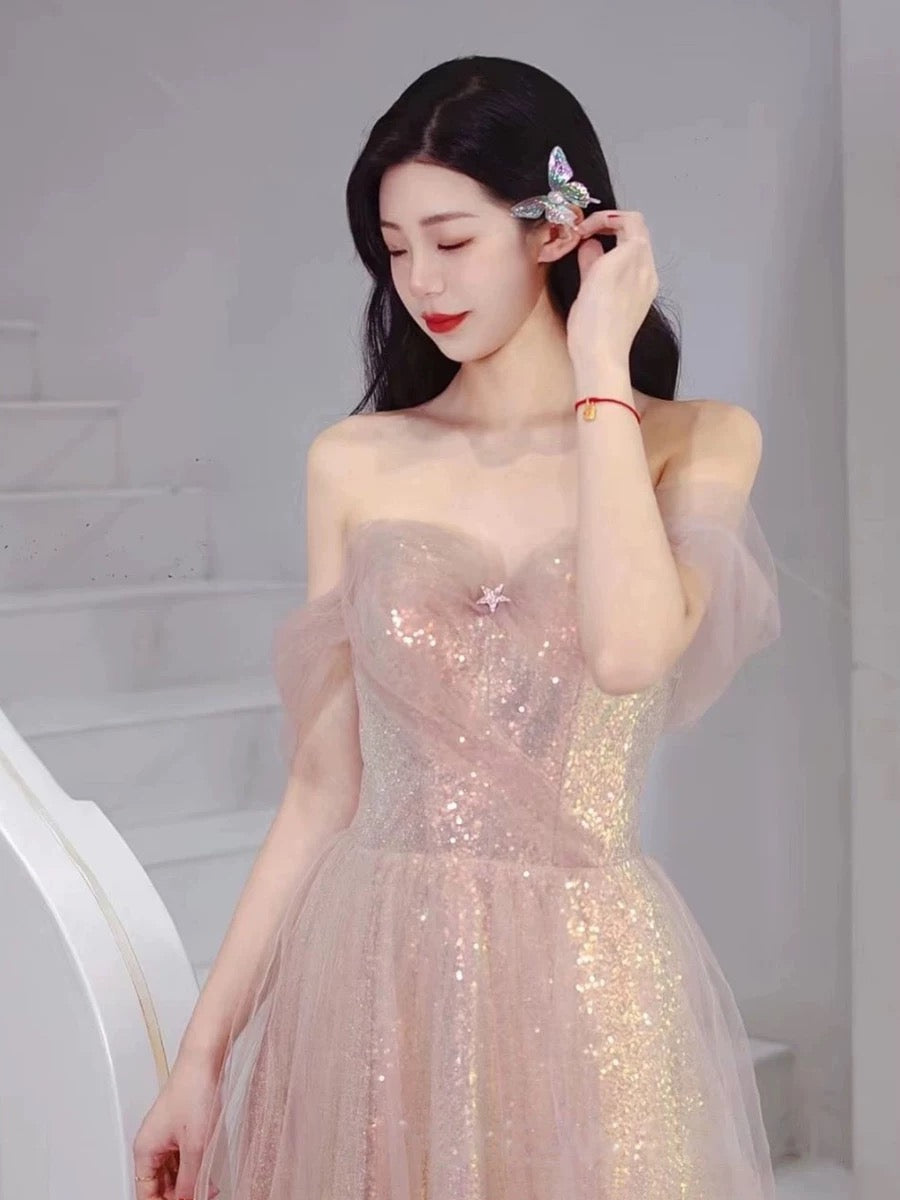 Elegant A Line Spaghetti Straps Pink Sequin Long Prom Dress Evening Dresses CC3237